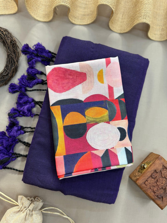 Dark Purple Handloom Cotton Saree With Art Printed Blouse