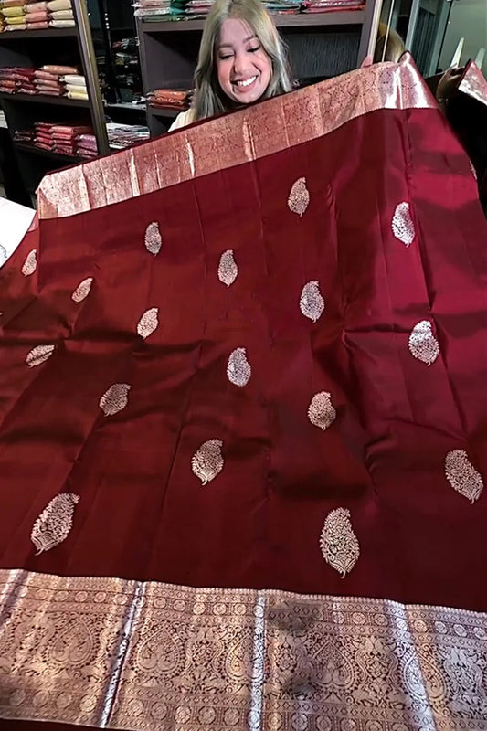 Magnificent Wine Soft Banarasi Silk Saree With Blouse Piece