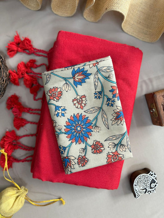 Red Handloom Cotton Saree With Flower Printed Blouse