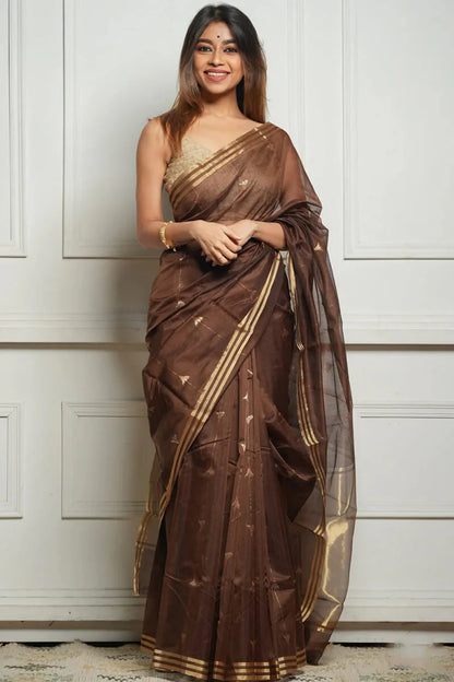 Delightful Brown Cotton Silk Saree With Stunning Blouse Piece