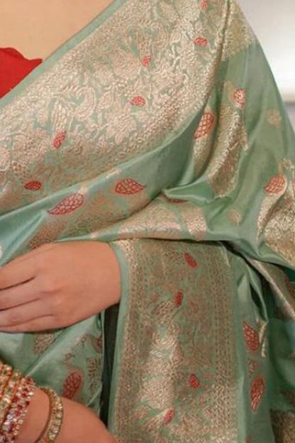 Very Attractive Sea Green Soft Silk Saree With Magnetic Blouse Piece