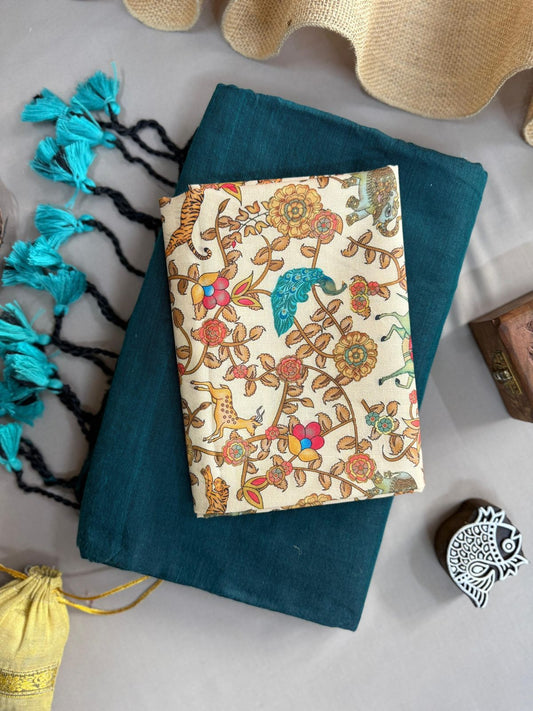 Rama Handloom Cotton Saree With Multi Animal Printed Blouse