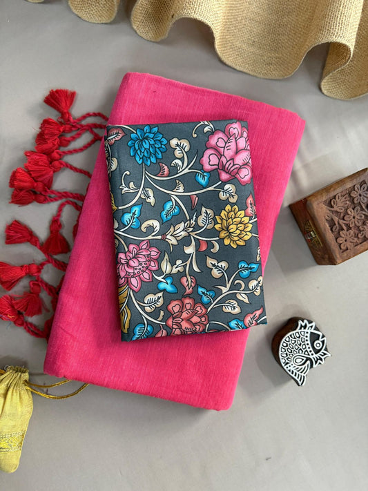 Light Pink Handloom Cotton Saree With Flower Printed Blouse