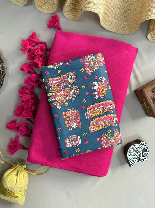 Dark Pink Handloom Cotton Saree With Traditional Printed Blouse