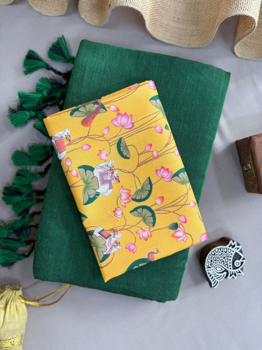 Green Handloom Cotton Saree With Cow Printed Blouse