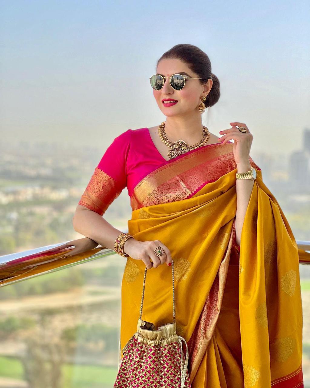 Aesthetic Yellow Soft Banarasi Silk Saree With Blissful Blouse Piece