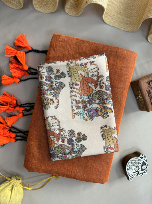 Orange Handloom Cotton Saree With Indian Culture Printed Blouse