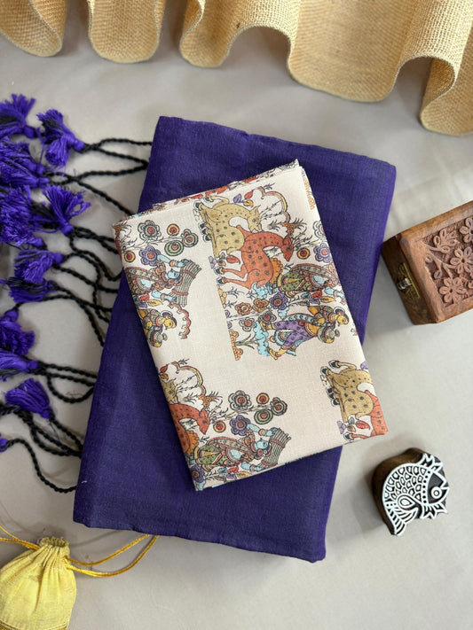 Purple Handloom Cotton Saree With Indian Culture Printed Blouse