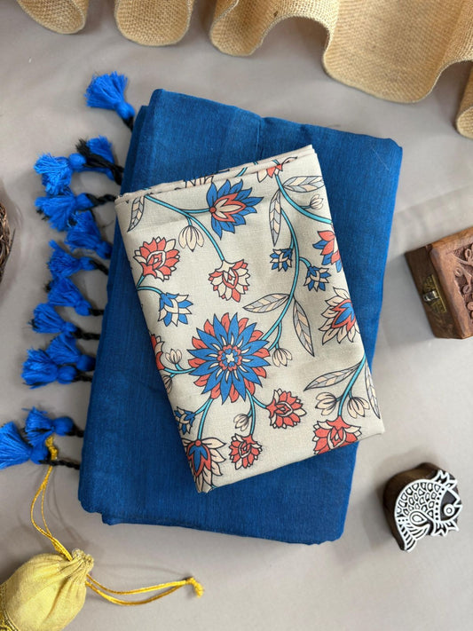 Blue Handloom Cotton Saree With Flower Printed Blouse