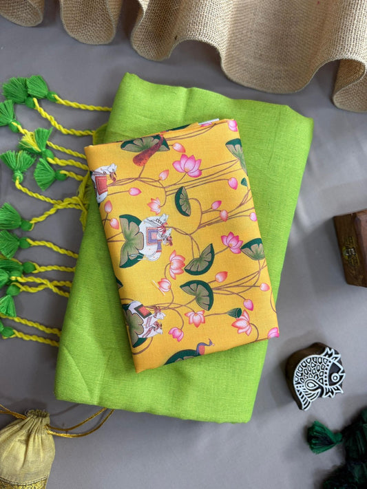 Parrot Handloom Cotton Saree With Cow Printed Blouse