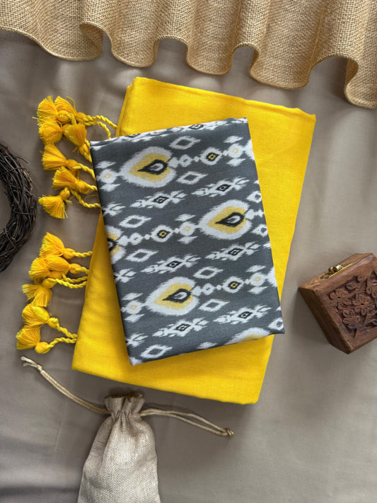 Yellow Handloom Cotton Saree With Cross Ikkat Paan Printed Blouse