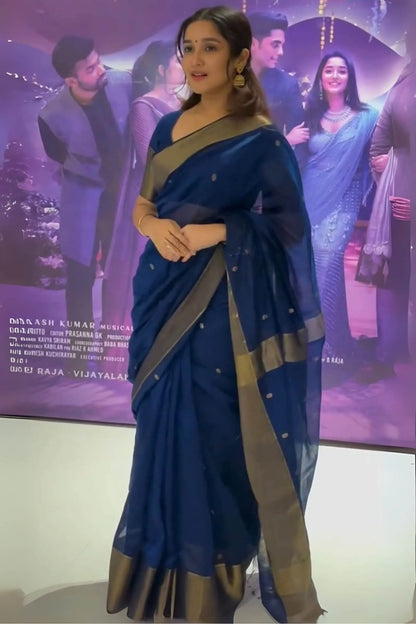 Alluring Navy Blue Cotton Silk Saree With Beautiful Blouse Piece