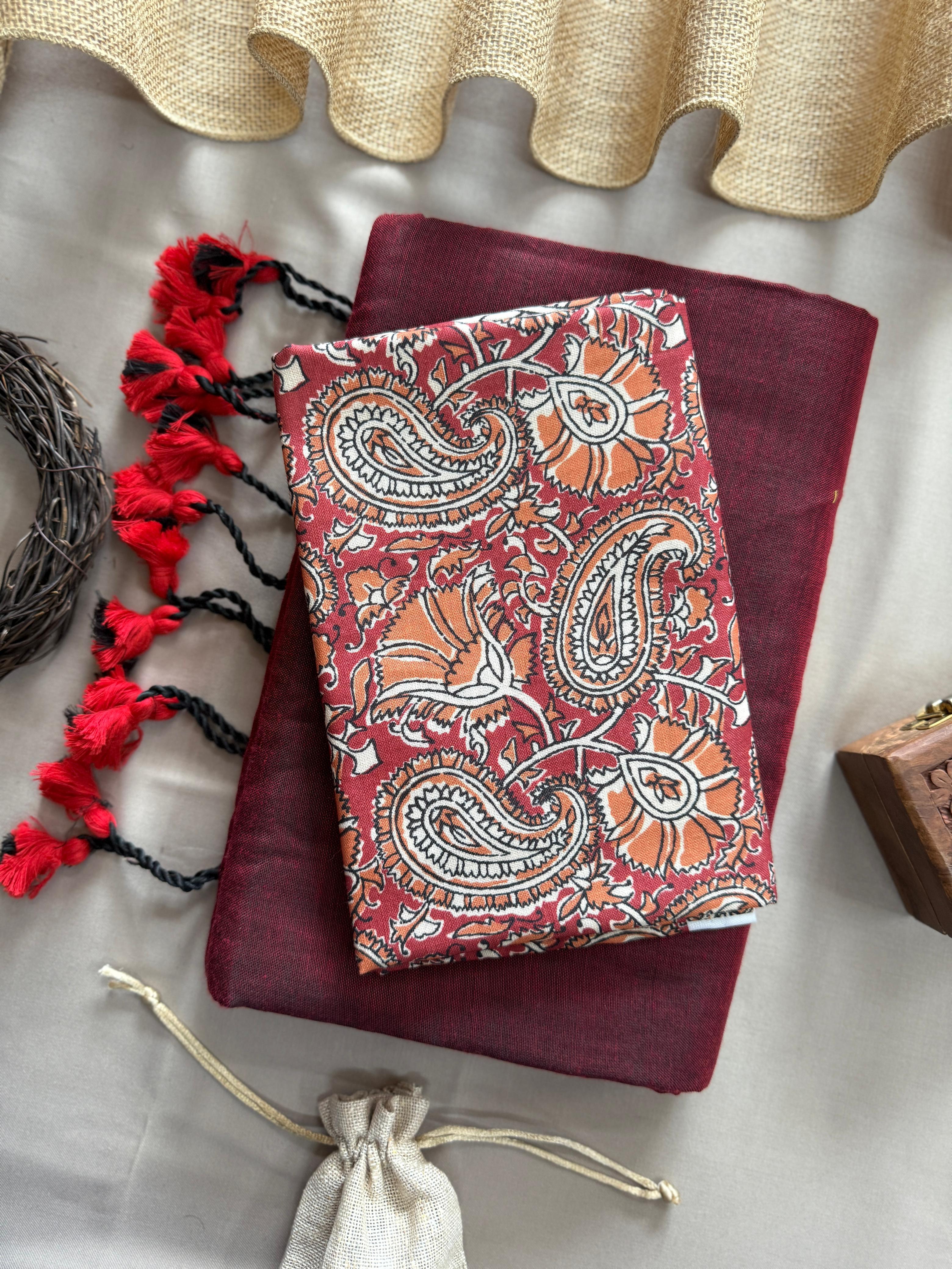 Maroon Handloom Cotton Saree With Mango Printed Blouse