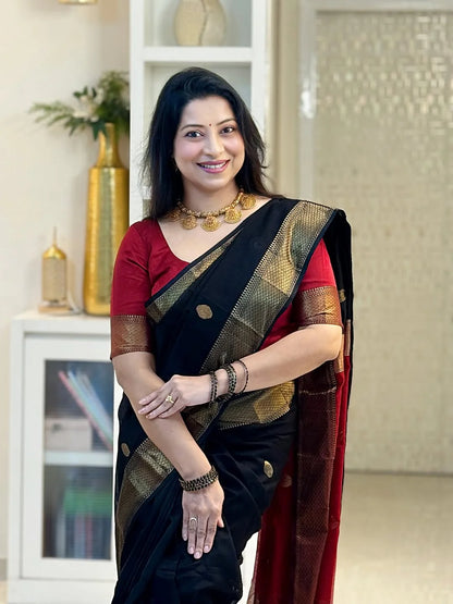 Divine Black Cotton Silk Saree With Stunning Blouse Piece