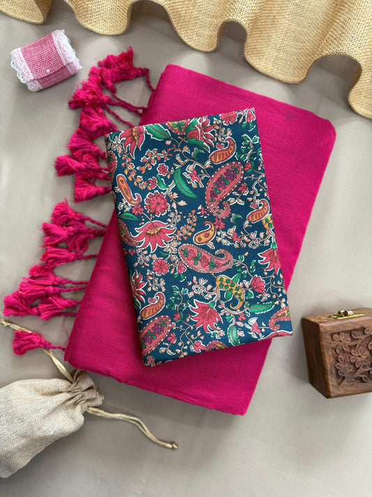 Dark Pink Handloom Cotton Saree With Mango Printed Blouse