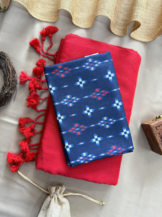 Red Handloom Cotton Saree With All Over Printed Blouse