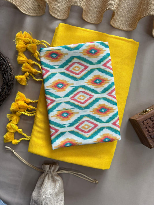 Yellow Handloom Cotton Saree With Zigzag Printed Blouse