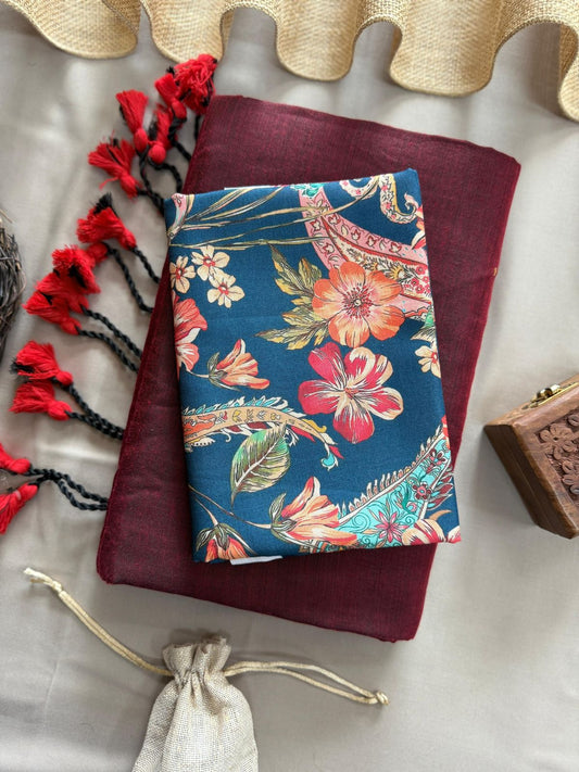 Rust Handloom Cotton Saree With Flower Printed Blouse