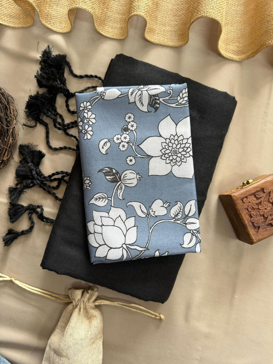 Black Handloom Cotton Saree With Flower Printed Blouse