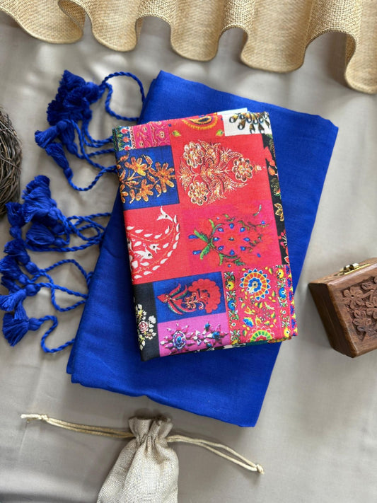 Royal Blue Handloom Cotton Saree With Vintage Printed Blouse