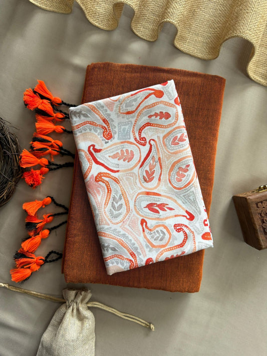 Rust Handloom Cotton Saree With Leaf Printed Blouse