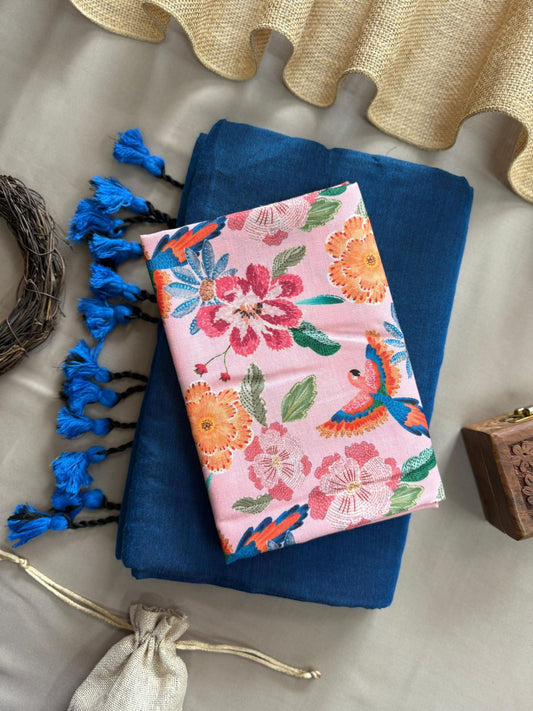 Nevy Blue Handloom Cotton Saree With Flower Bird Printed Blouse