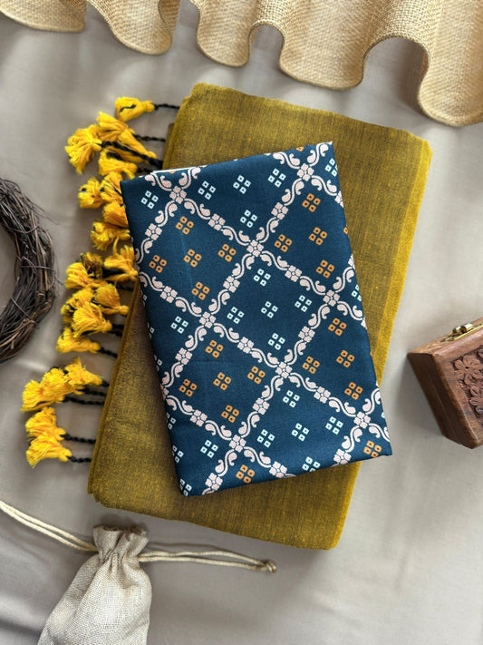 Mustard Handloom Cotton Saree With Paan Cross Printed Blouse