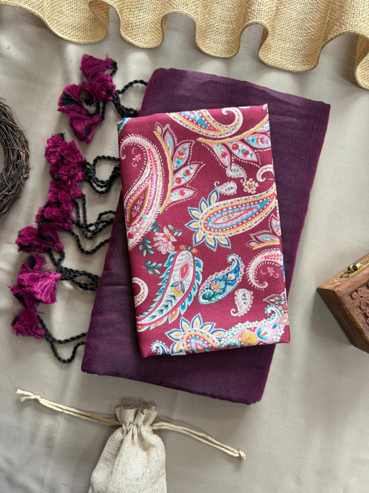 English Wine Handloom Cotton Saree With Mango Printed Blouse