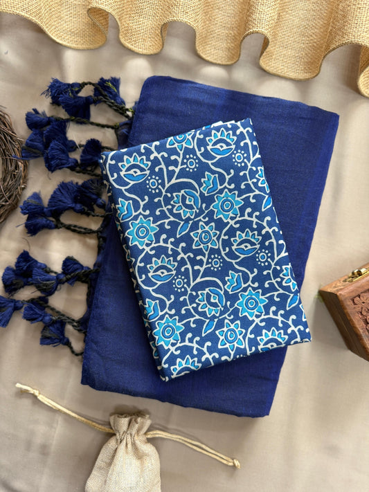Nevy Blue Handloom Cotton Saree With Flower Printed Blouse
