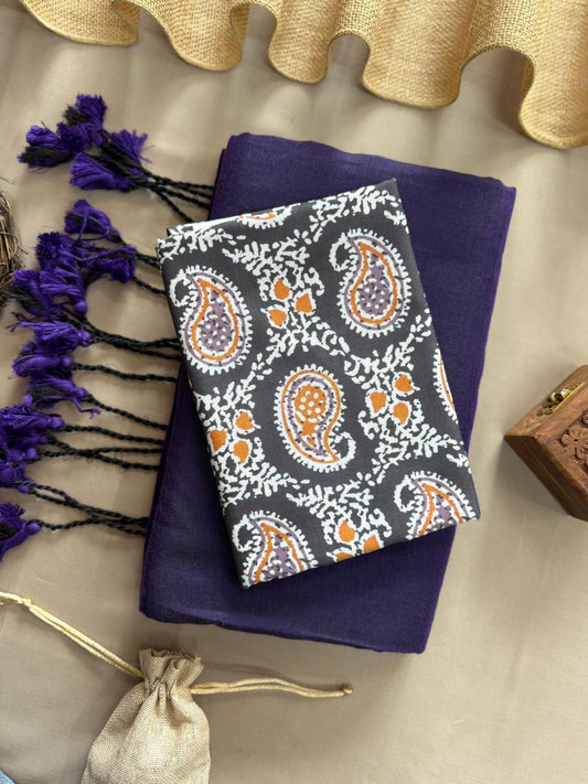 Nevy Blue Handloom Cotton Saree With Mango Printed Blouse