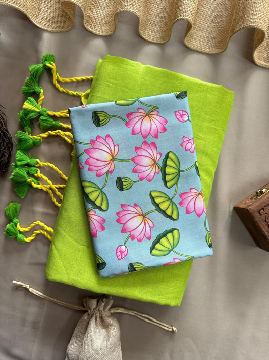 Parrot Handloom Cotton Saree With Lotus Printed Blouse