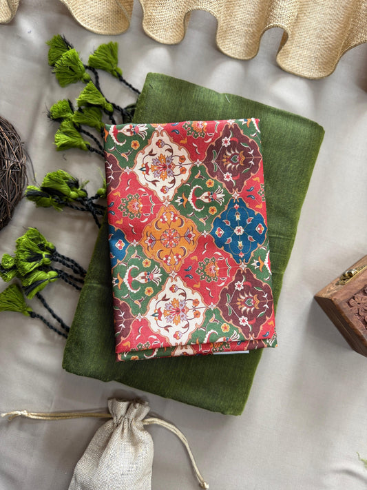 Mehndi Handloom Cotton Saree With Traditional Printed Blouse