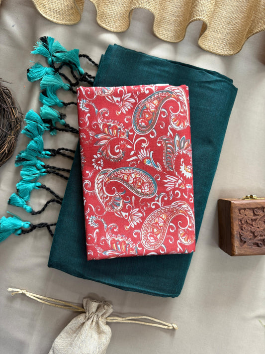 Rama Handloom Cotton Saree With Leaf Printed Blouse
