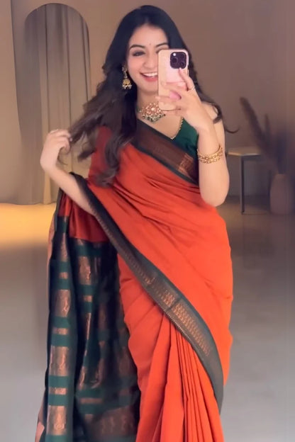 Attractive Orange Soft Silk Saree With Unique Blouse Piece