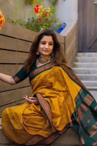 Traditional Mustard Soft Silk Saree With Unique Blouse Piece
