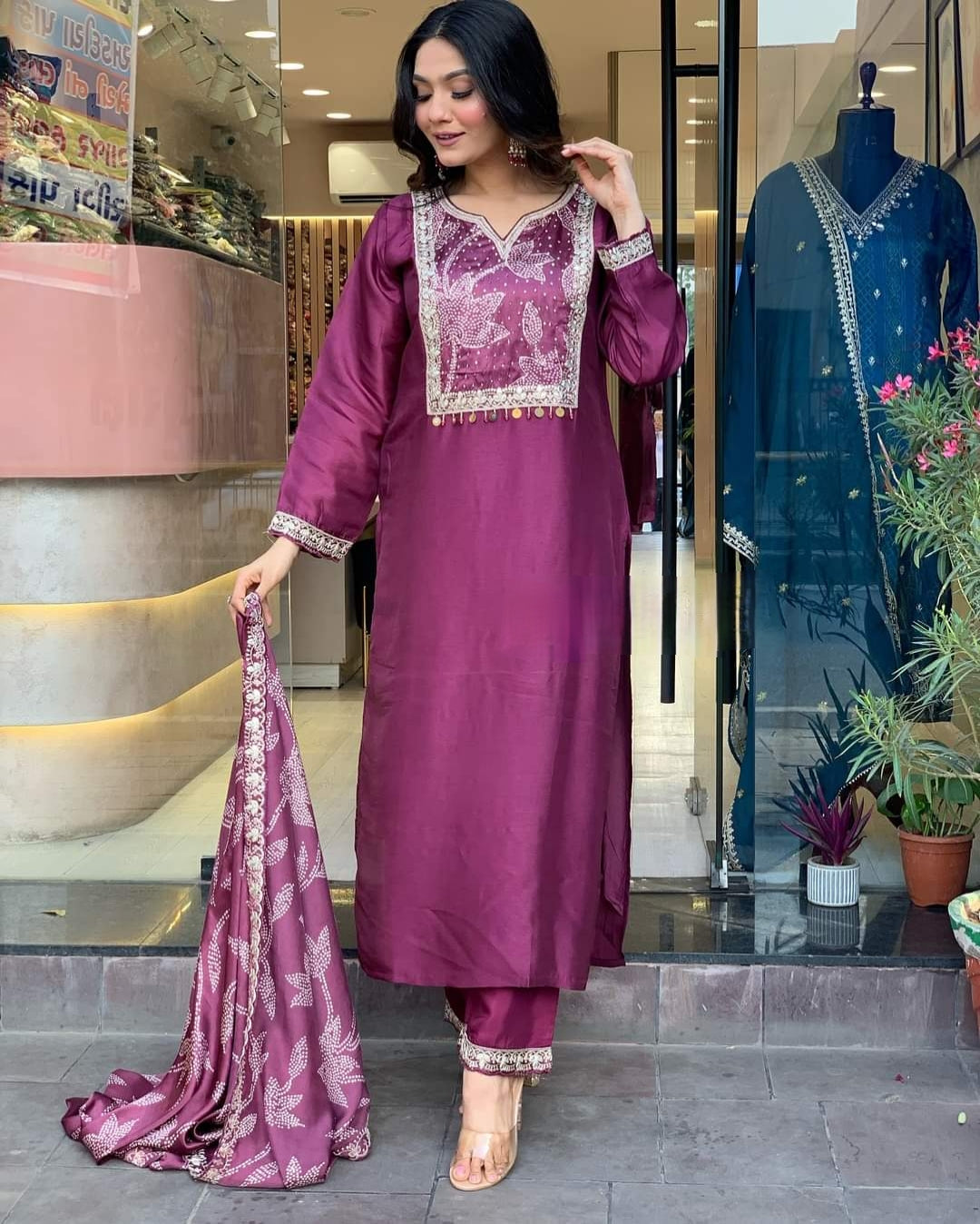 Radiant Wine Viscose Chanderi Embroidary Suit Set