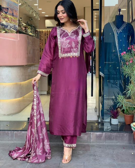 Radiant Wine Viscose Chanderi Embroidary Suit Set