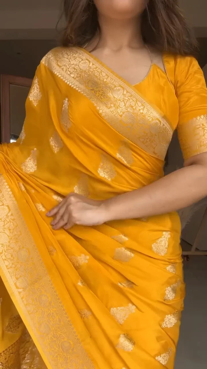 Extraordinary Yellow Soft Silk Saree With Glowing Blouse Piece
