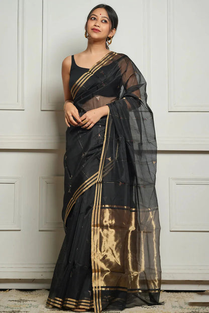 Very Appealing Black Cotton Silk Saree With Stunning Blouse Piece