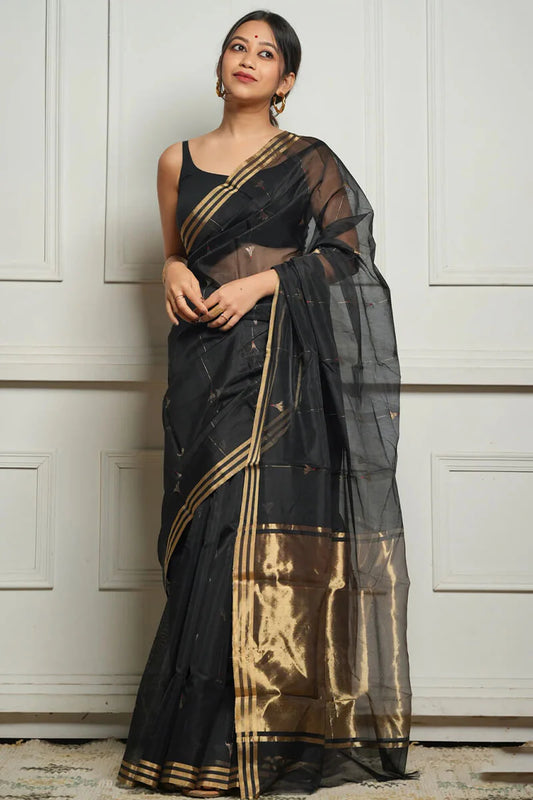Very Appealing Black Cotton Silk Saree With Stunning Blouse Piece