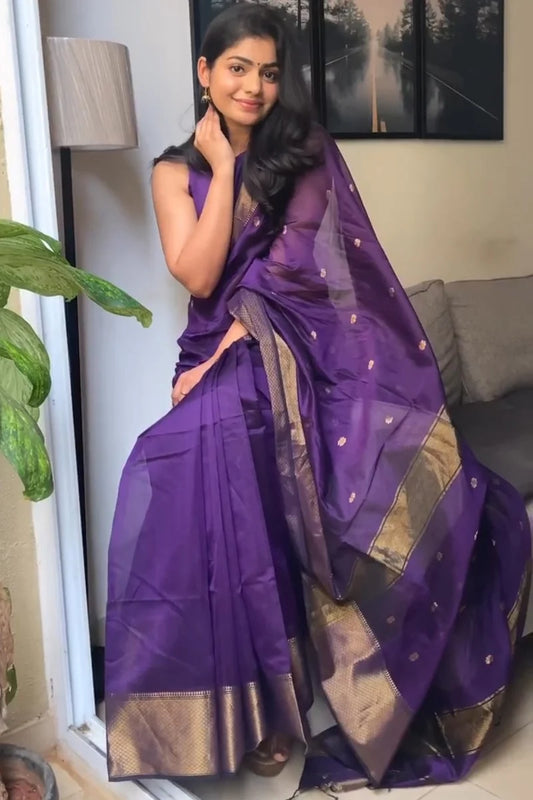 Prepossessing Purple Cotton Silk Saree With Beautiful Blouse Piece