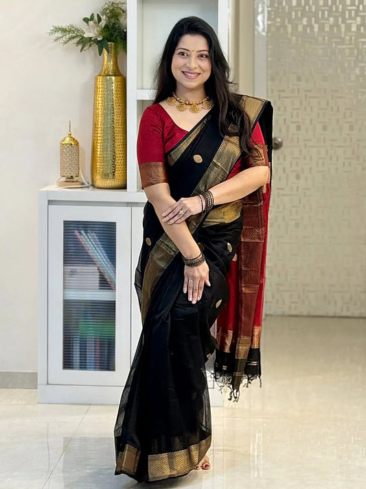 Divine Black Cotton Silk Saree With Stunning Blouse Piece