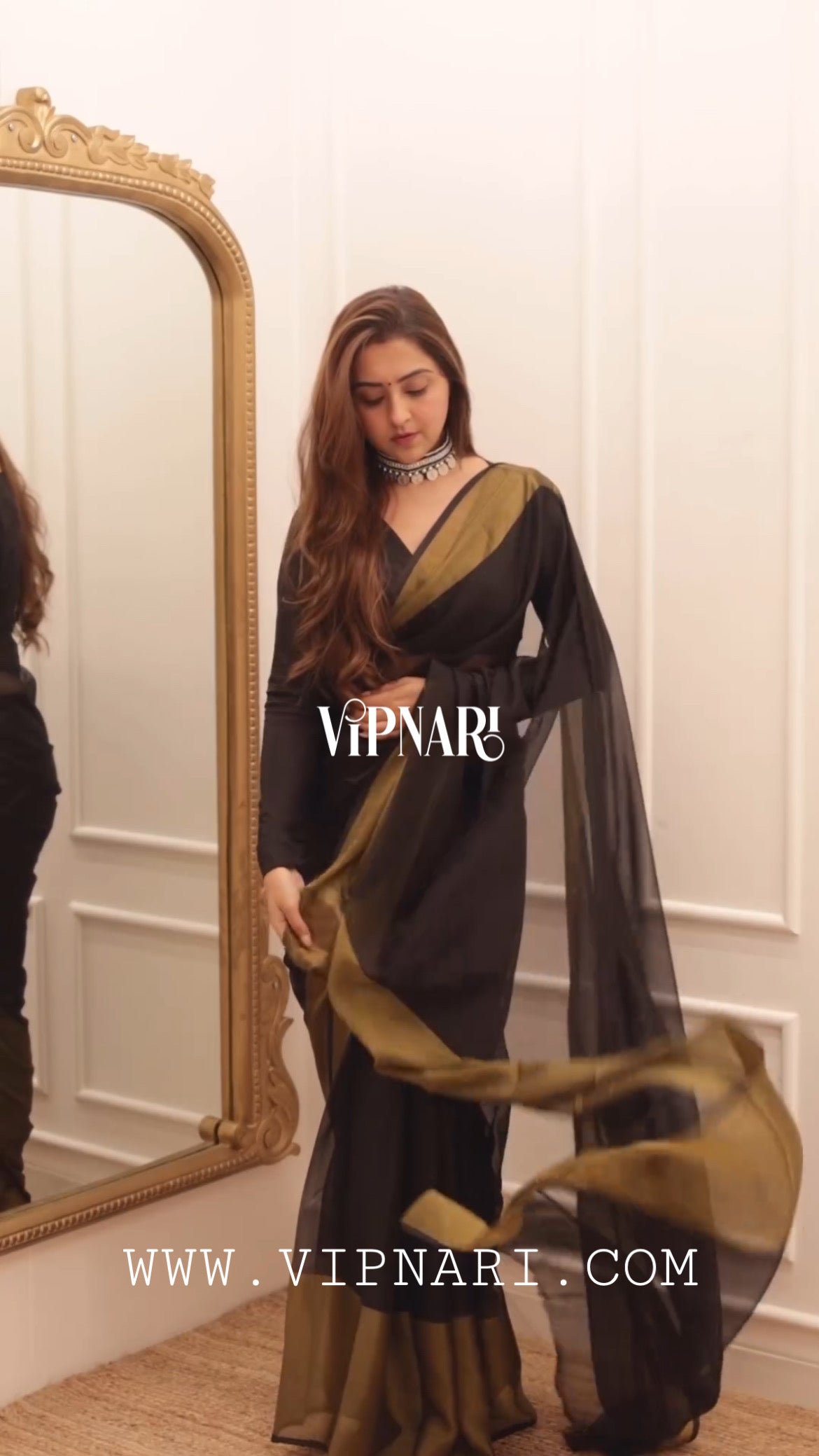 1-min Ready To Wear Saree Black In Premium Chiffon Silk With Zari Patta