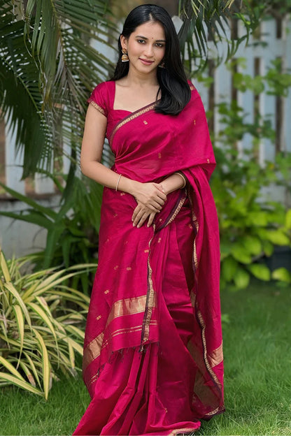 Most Heavenly Dark Pink Cotton Silk Saree With Gorgeous Blouse Piece