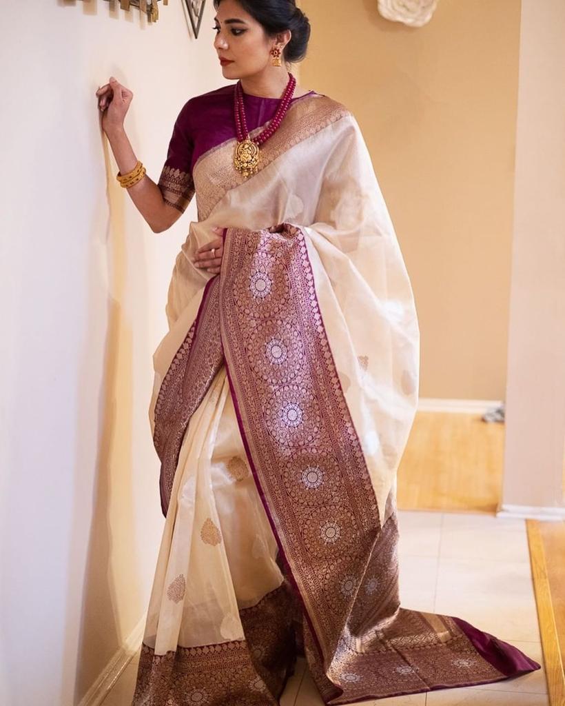 Elegant Beige Soft Banarasi Silk Saree With Lovely Blouse Piece