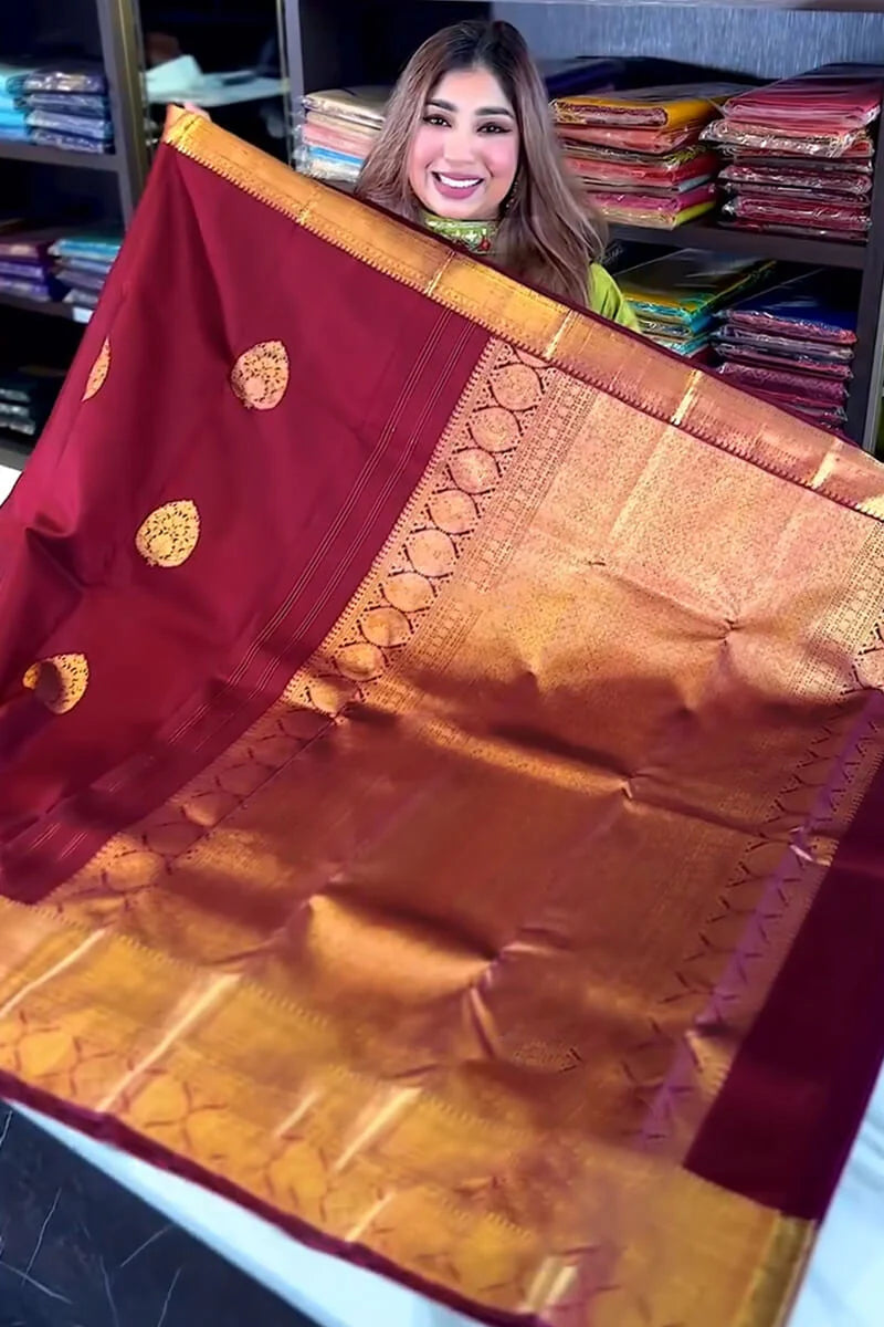 Pleasing Wine Soft Banarasi Silk Saree With Pretty Blouse Piece