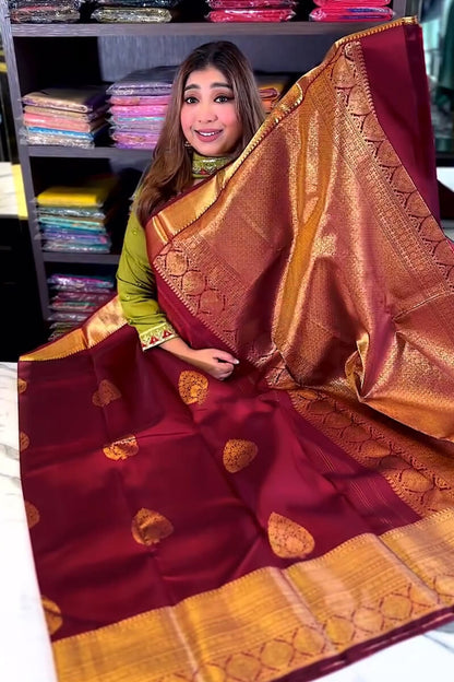 Pleasing Wine Soft Banarasi Silk Saree With Pretty Blouse Piece