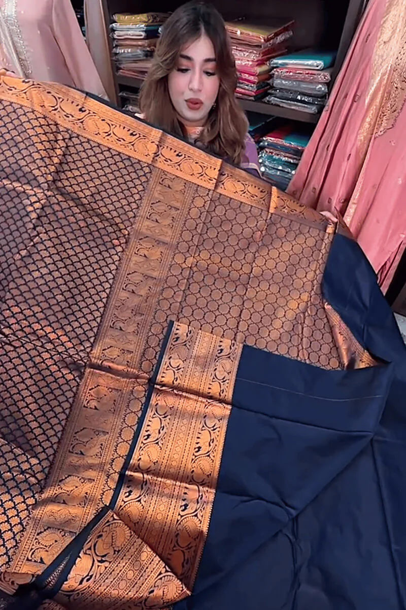 Winsome Navy Blue Soft Banarasi Silk Saree With Unique Blouse Piece