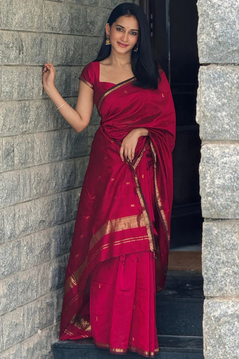 Most Heavenly Dark Pink Cotton Silk Saree With Gorgeous Blouse Piece