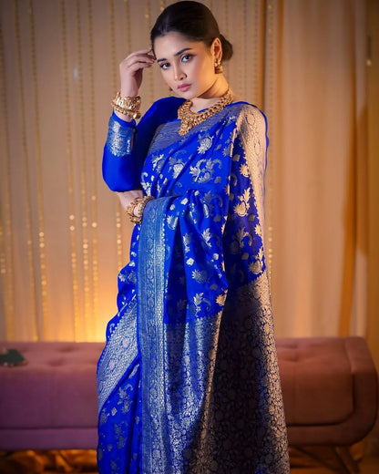 Magnificent Royal Blue Soft Banarasi Silk Saree With Glorious Blouse Piece